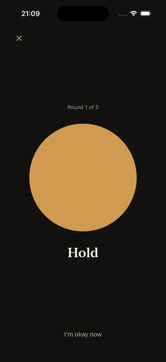 The Urge Reset screen: a warm orb mid-breath, labelled Breathe in, round one of five.