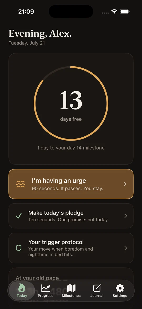 The Today screen: a large ember ring reading day 13, days free, with the urge reset button below it.